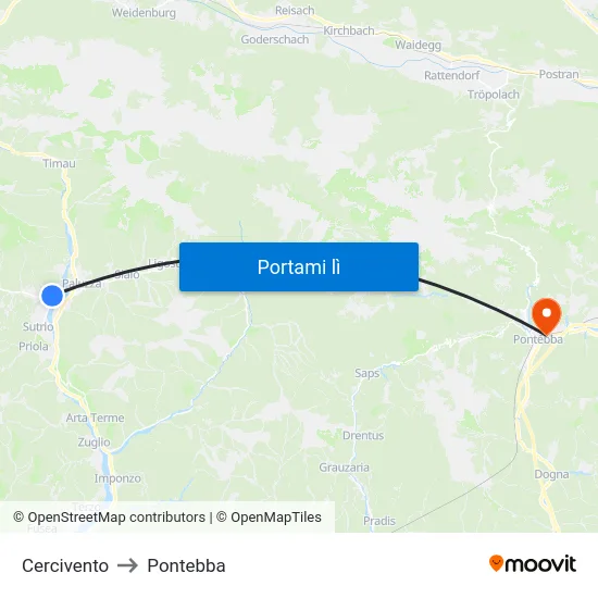 Cercivento to Pontebba map