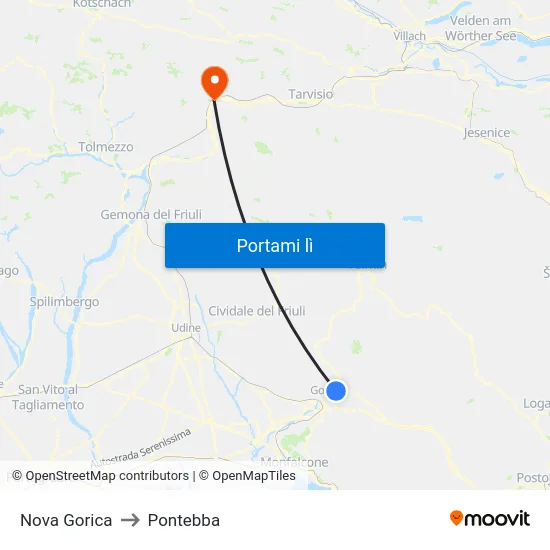 Nova Gorica to Pontebba map