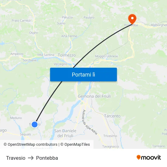 Travesio to Pontebba map
