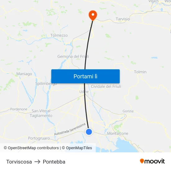 Torviscosa to Pontebba map