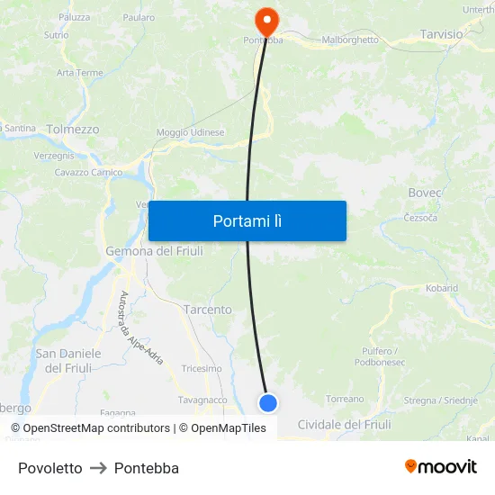Povoletto to Pontebba map