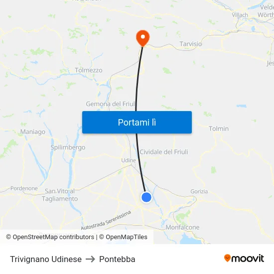 Trivignano Udinese to Pontebba map