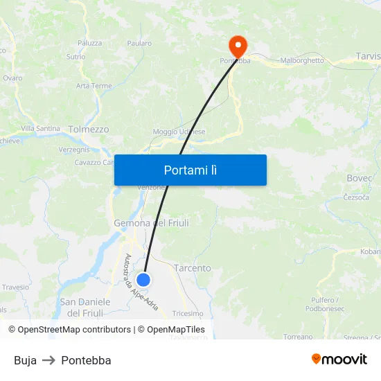 Buja to Pontebba map