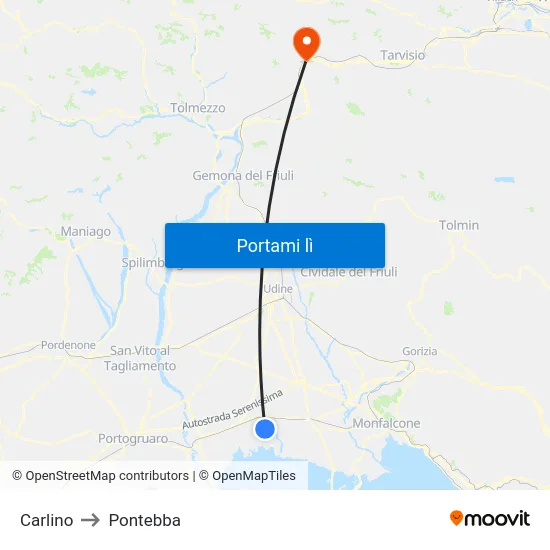 Carlino to Pontebba map