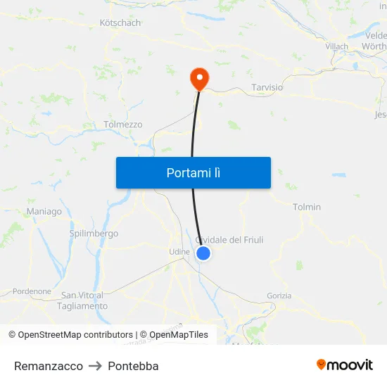 Remanzacco to Pontebba map