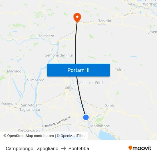 Campolongo Tapogliano to Pontebba map