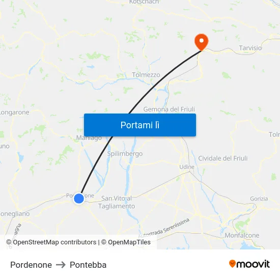 Pordenone to Pontebba map