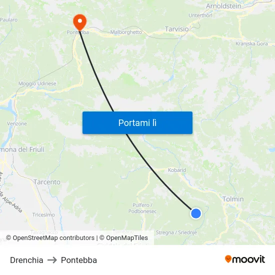 Drenchia to Pontebba map