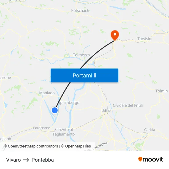 Vivaro to Pontebba map