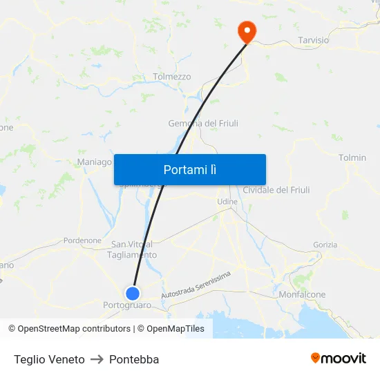 Teglio Veneto to Pontebba map