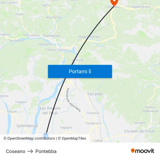 Coseano to Pontebba map
