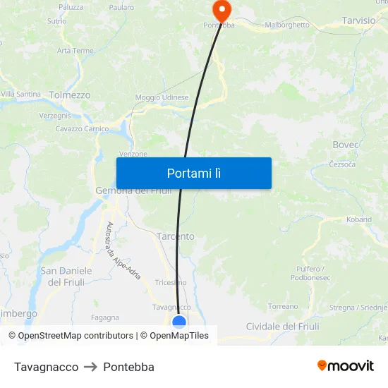 Tavagnacco to Pontebba map