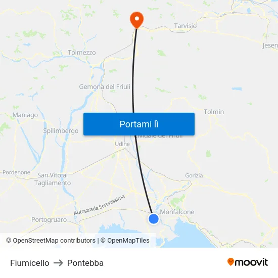 Fiumicello to Pontebba map