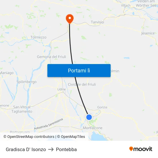 Gradisca D' Isonzo to Pontebba map