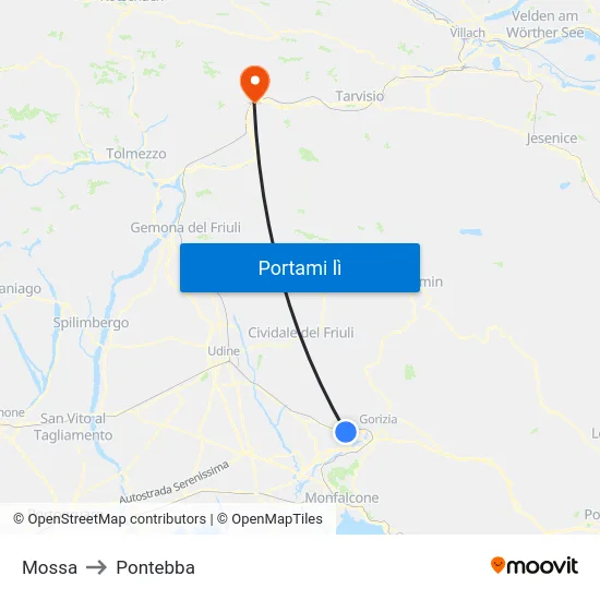 Mossa to Pontebba map