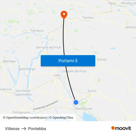 Villesse to Pontebba map