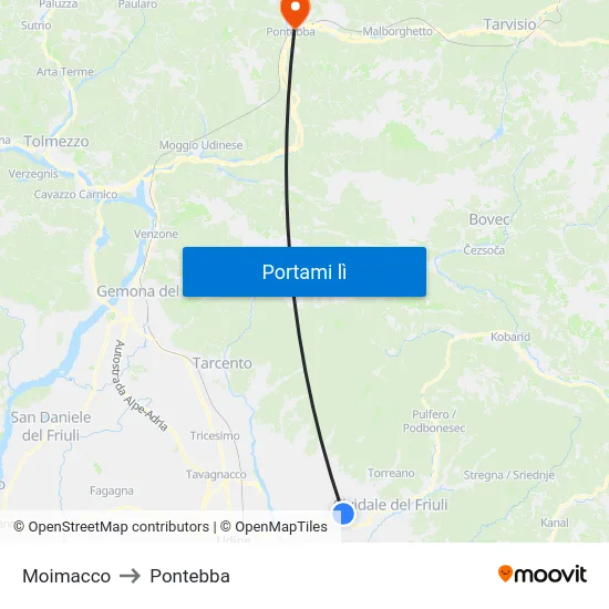 Moimacco to Pontebba map