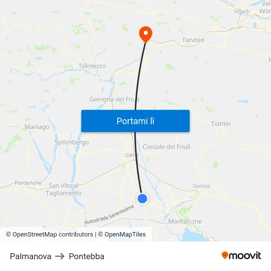 Palmanova to Pontebba map