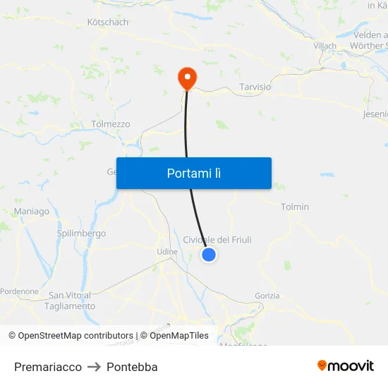 Premariacco to Pontebba map