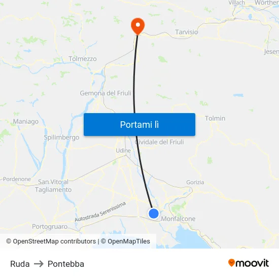 Ruda to Pontebba map