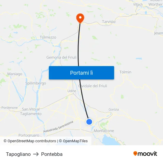 Tapogliano to Pontebba map