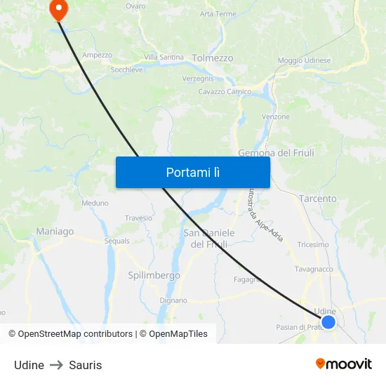 Udine to Sauris map