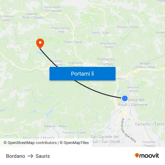 Bordano to Sauris map