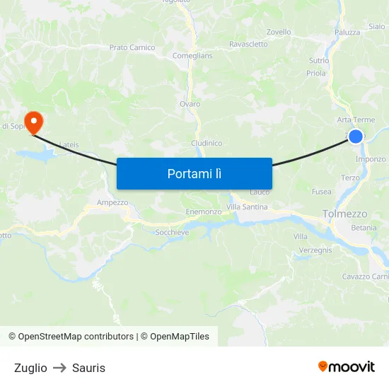 Zuglio to Sauris map