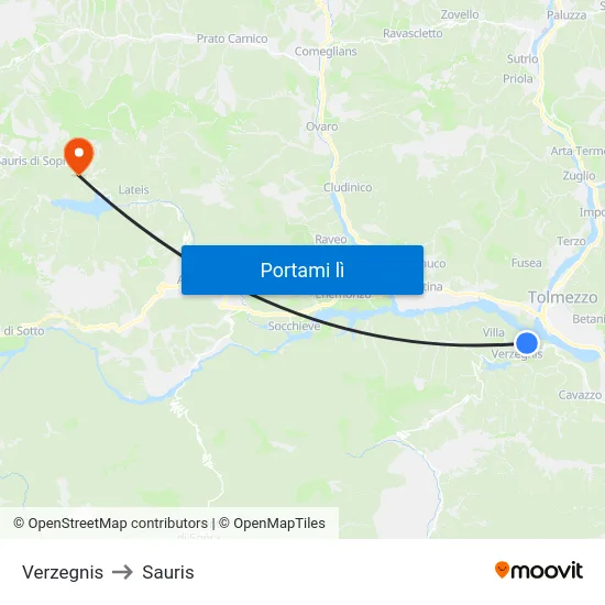 Verzegnis to Sauris map