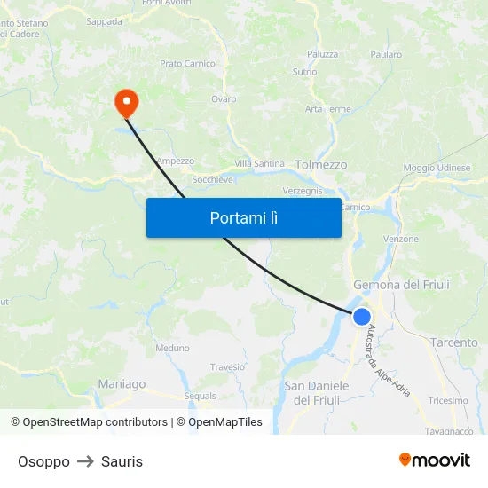 Osoppo to Sauris map