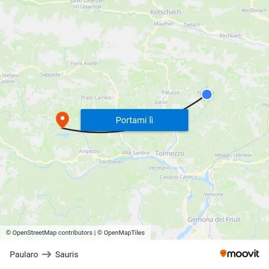 Paularo to Sauris map