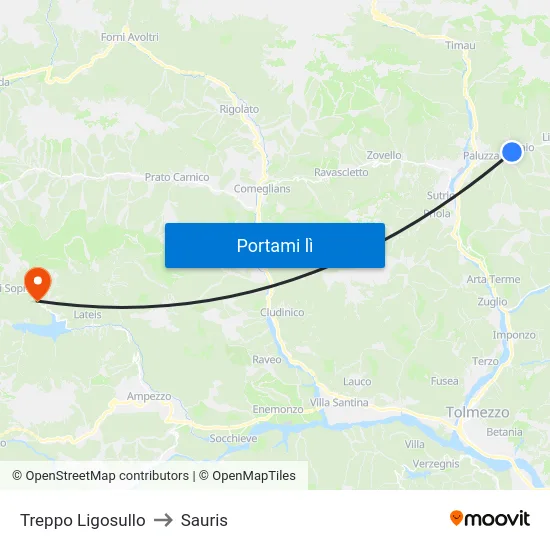 Treppo Ligosullo to Sauris map