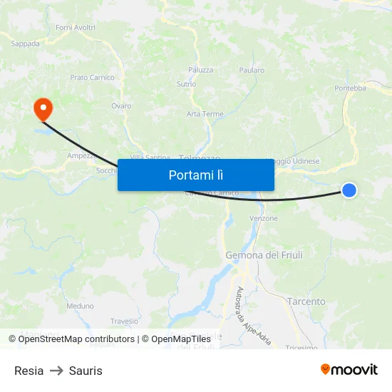 Resia to Sauris map