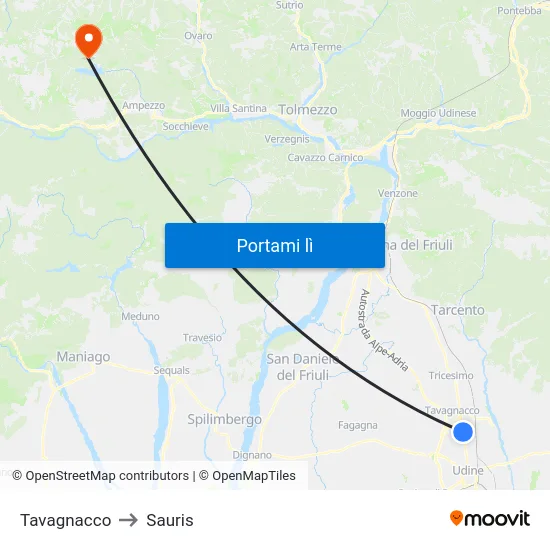 Tavagnacco to Sauris map