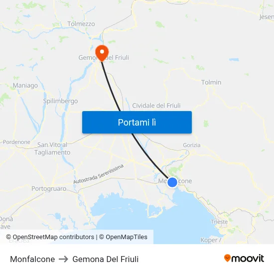 Monfalcone to Gemona Del Friuli map