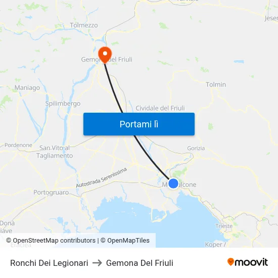 Ronchi Dei Legionari to Gemona Del Friuli map
