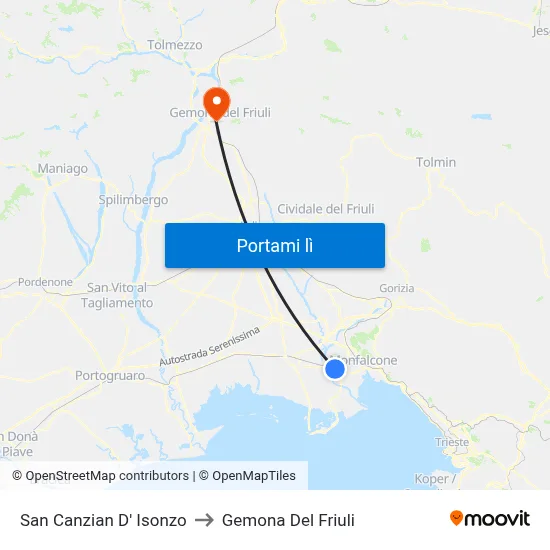 San Canzian D' Isonzo to Gemona Del Friuli map