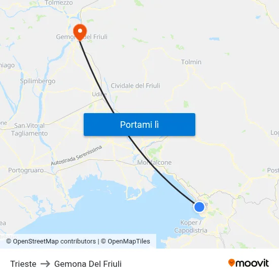 Trieste to Gemona Del Friuli map