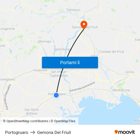 Portogruaro to Gemona Del Friuli map