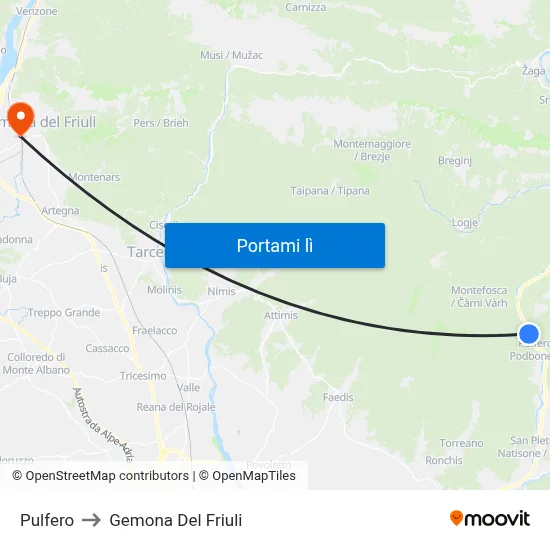 Pulfero to Gemona Del Friuli map