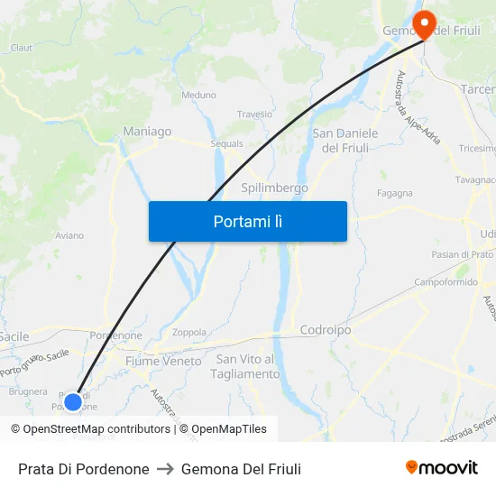 Prata Di Pordenone to Gemona Del Friuli map