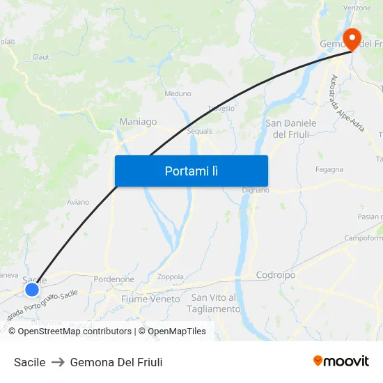 Sacile to Gemona Del Friuli map