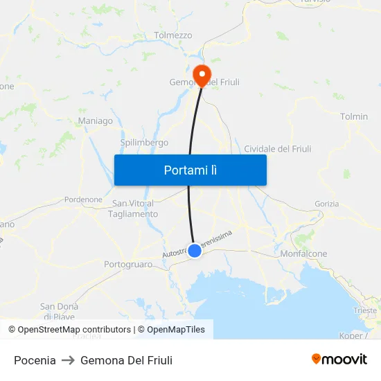 Pocenia to Gemona Del Friuli map