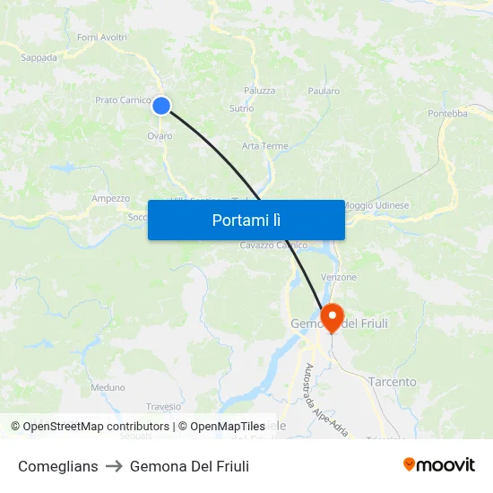 Comeglians to Gemona Del Friuli map