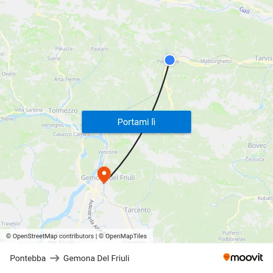 Pontebba to Gemona Del Friuli map