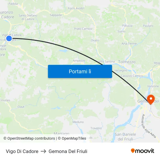 Vigo Di Cadore to Gemona Del Friuli map