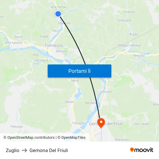 Zuglio to Gemona Del Friuli map