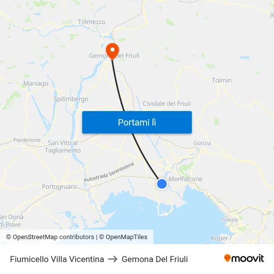 Fiumicello Villa Vicentina to Gemona Del Friuli map