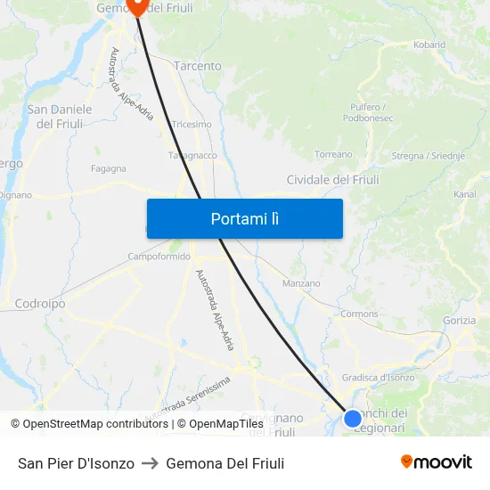 San Pier D'Isonzo to Gemona Del Friuli map