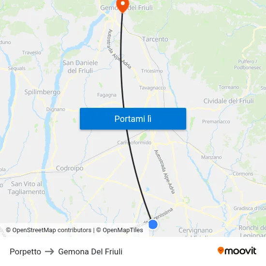 Porpetto to Gemona Del Friuli map